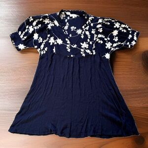 Umgee Size Large Boho Chic Embroidered Floral Navy Blue Tunic Mini Dress